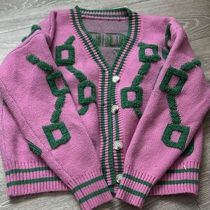 Cider Pink and Green Geometric Knit Cardigan